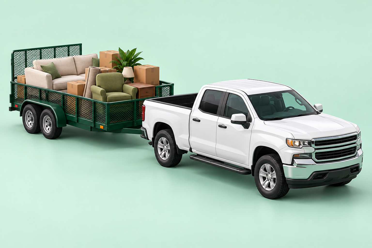 3D illustration of a white pickup and junk-filled utility trailer